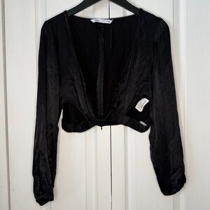 Zara Black Satin Long-Sleeve Cropped Top with Deep V cutouts S